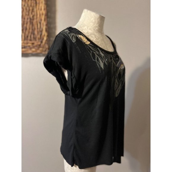 Miss Me TShirt Top M Medium Black Gold Gray Asymetrical Sequin Short Sleeve - Picture 4 of 6